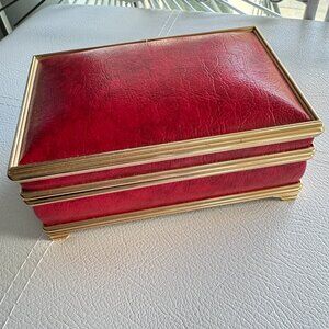 Vintage Red Faux Leather Jewelry Box Gold Tone Metal Trim Red Lining Mirror